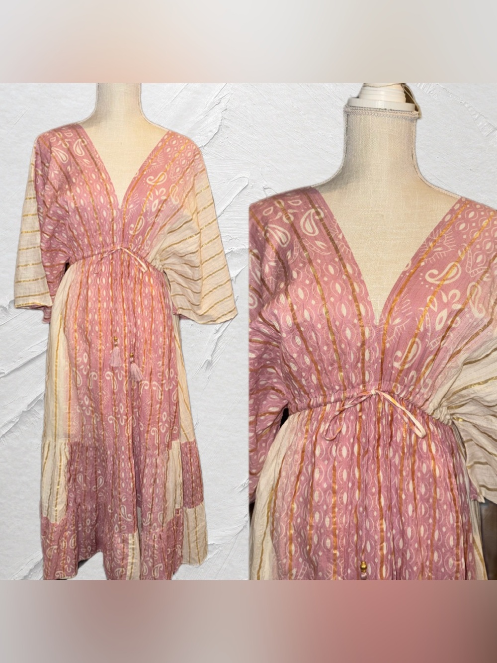 Zury Boho Beach Pink Paisley & Metallic Gold Stripe Tiered Maxi Dress Kaftan OS